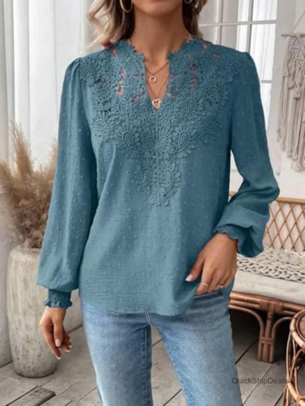 Dressy Lace Blouse V Neck Ruffle Long Sleeve Boho Tee Top